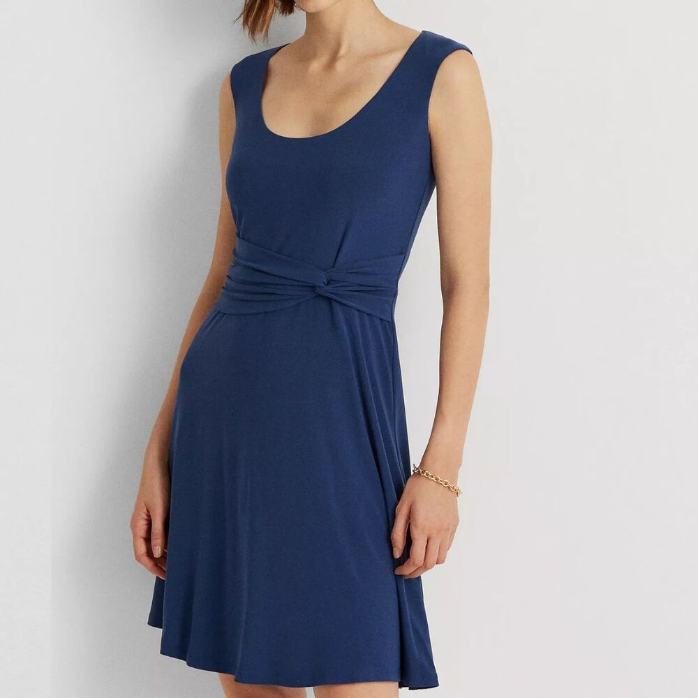 NWOT Lauren by Ralph Lauren Ruched Navy Blue Sleeveless Dress Sz 12